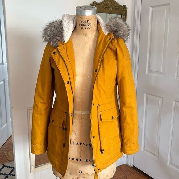 Sebby Jackets & Blazers - Sebby Mustard Quilted Winter Coat Fur Lined Hood Size Small